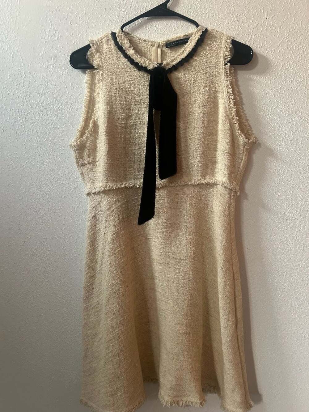 Zara Woman Cream Tweed Mini Dress with Black Bow Detail